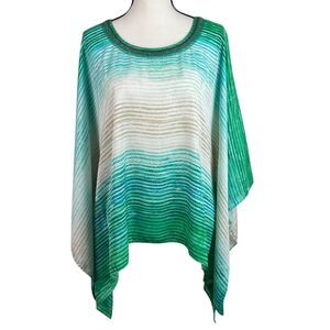 Chico’s Women’s Poncho Top S/M Green Blue Striped Beaded Neckline Blouse